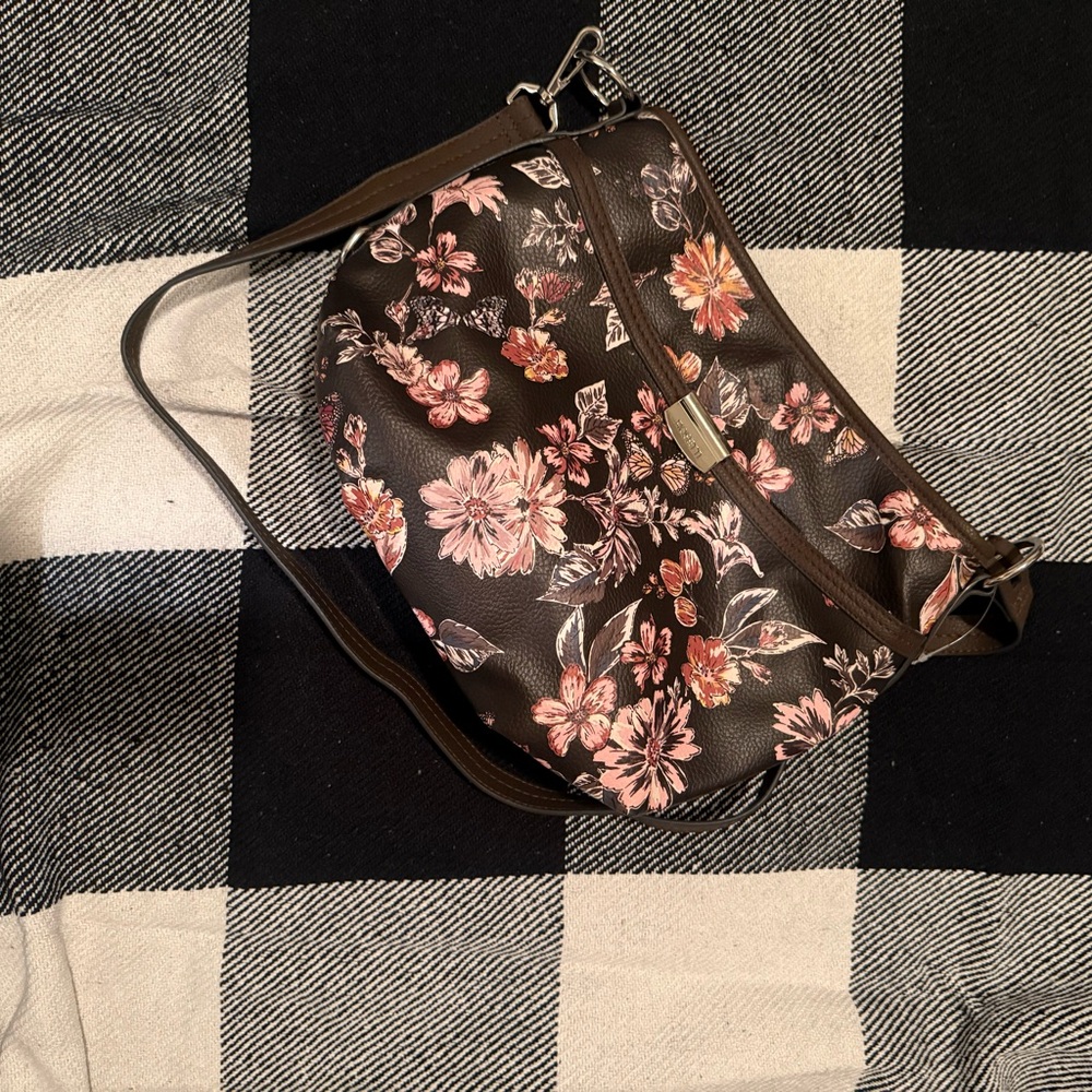 Floral Print Crossbody Bag in Brown with Pink Accents